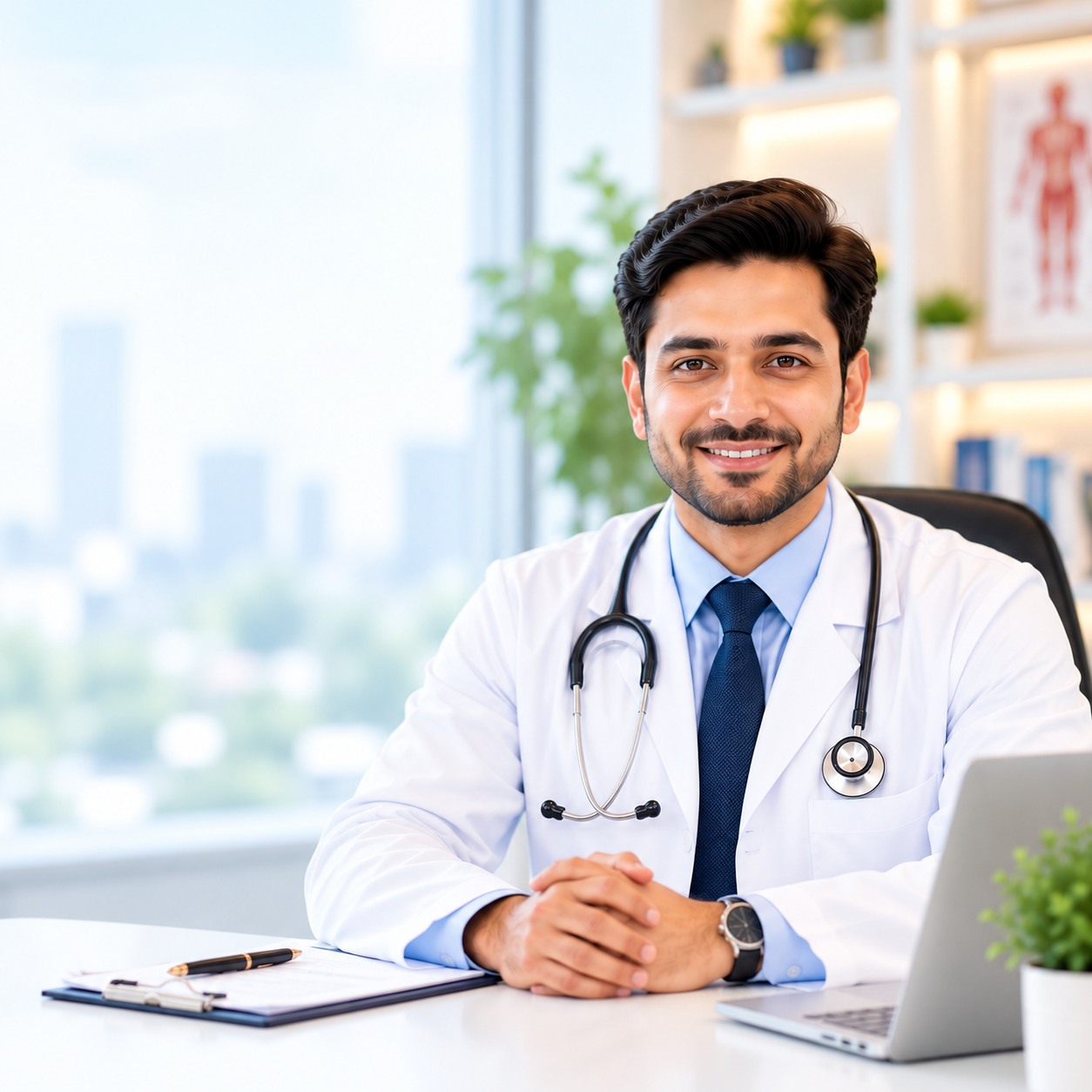 Doctor speaking with a patient in a bright clinical setting